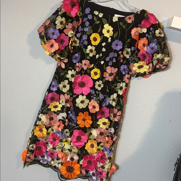 Eliza J Embroidered 3D-Floral Puff-sleeve Shift Mini Dress - Picture 4 of 8